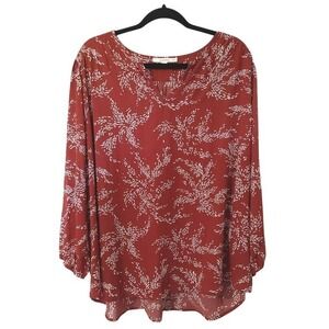 Fun2Fun Womens 2X Rust Red Leaf Print V-Neck Long Sleeve Blouse tunic